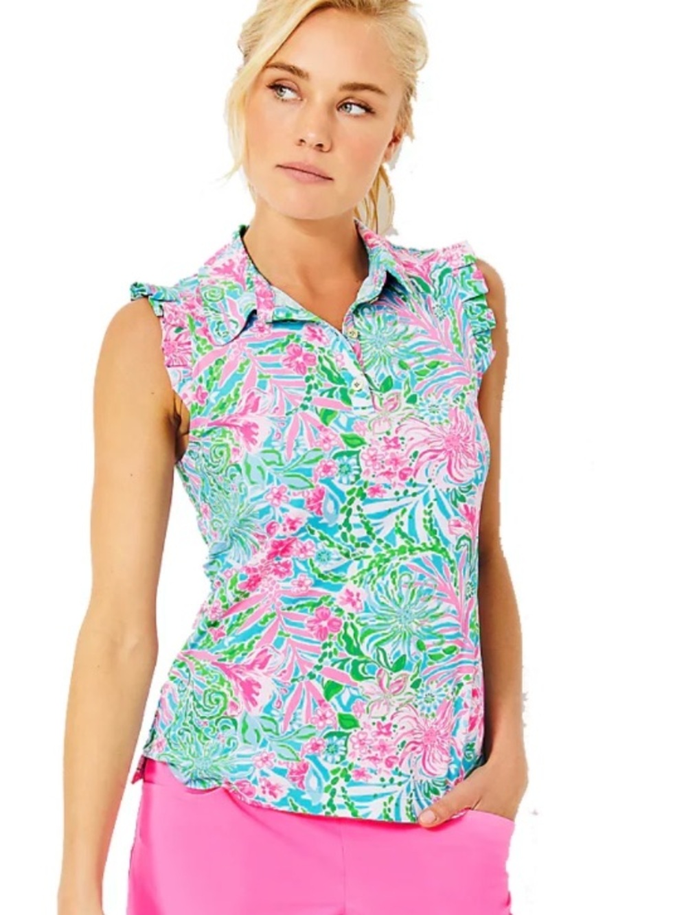 Lilly Pulitzer Frida Leaf it Wild Sleeveless Golf Polo Shirt Neon Tropical Small